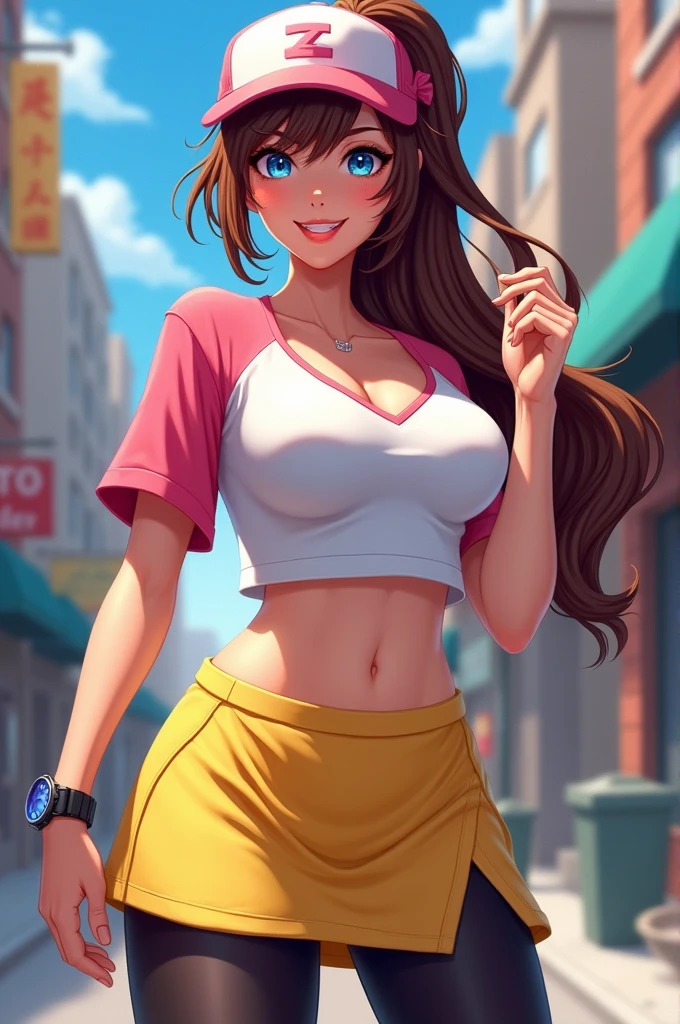 masterpiece, Highest quality, , hilda, Long Hair, Side Lock, high ponytail, ponytail, blue eyes, Brown Hair, Baseball cap, Raglan sleeves, yellow_mini skirt, naked, Pink ribbon, watch, Standing on the street, smile, Cowboy Shot, clavicle, Large Breasts, leggings, (Low leg skirt), yellow skirt, Skin Dentition, From below