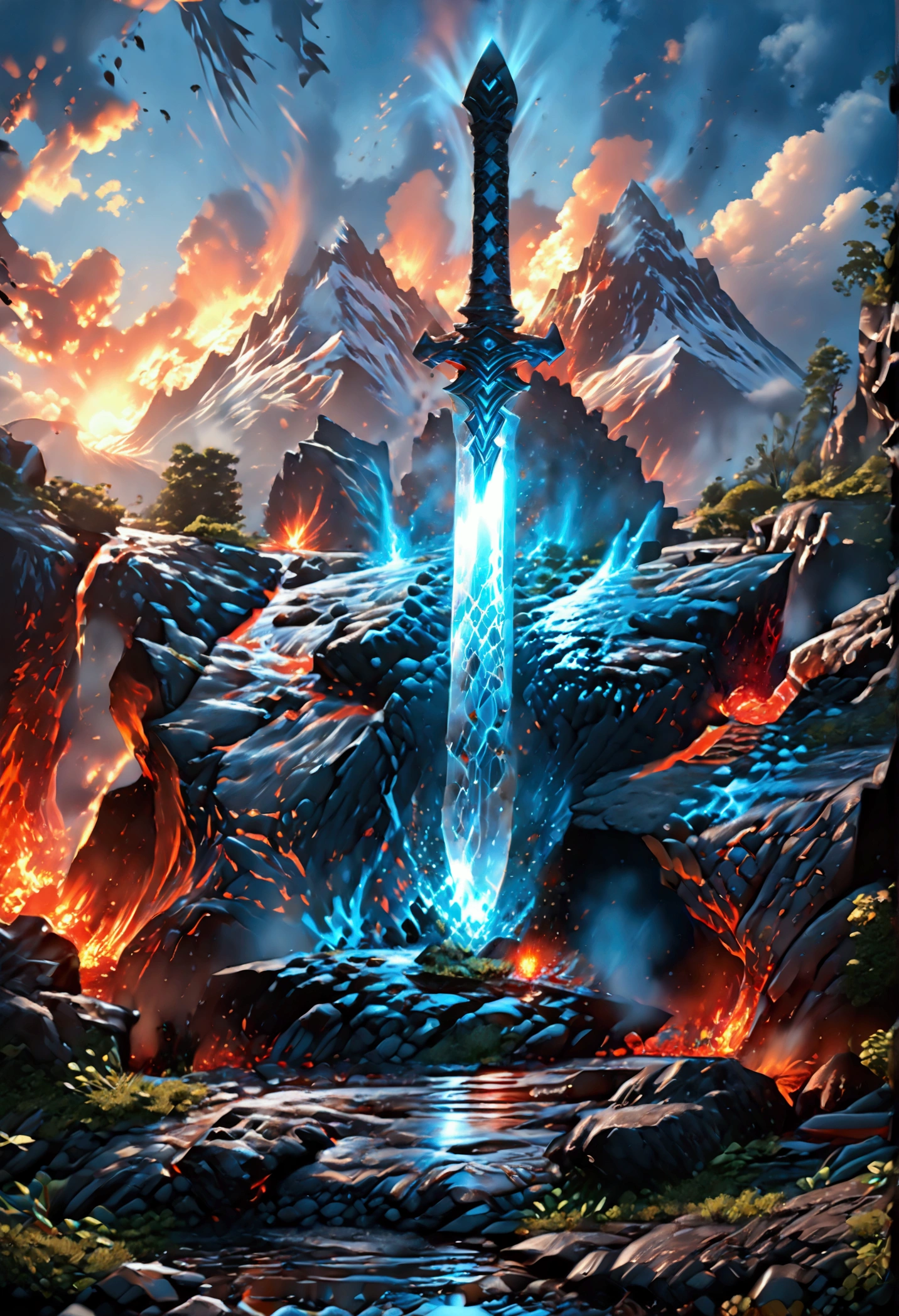 an giant sized sword surrounded with blue flame  stands on its point in volcano, a masterful sword made from diamond, epic sword, divine sword, (mountain sized sword: 1.5), its glistening in the sun, it has many facets, blue flames surround it GlowingRunesAI_paleblue, it stands in a pool of lava in a volcano, fantasy volcano background, sun rays, divine rays, high quality, landscape, lava land,  (best details, Masterpiece, best quality :1.5), ultra best realistic pictures , best details, best quality, 16k, [ultra detailed], masterpiece, best quality, (extremely detailed), ultra wide shot, photorealism, depth of field,