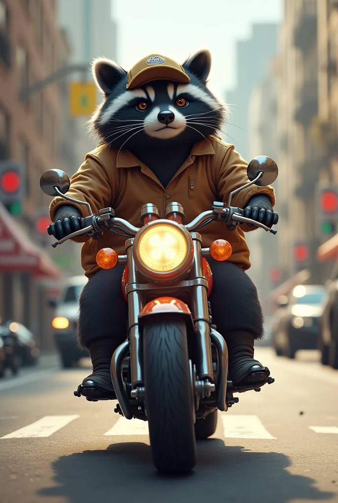 Black raccoon delivering food on a big delivery motorcycle