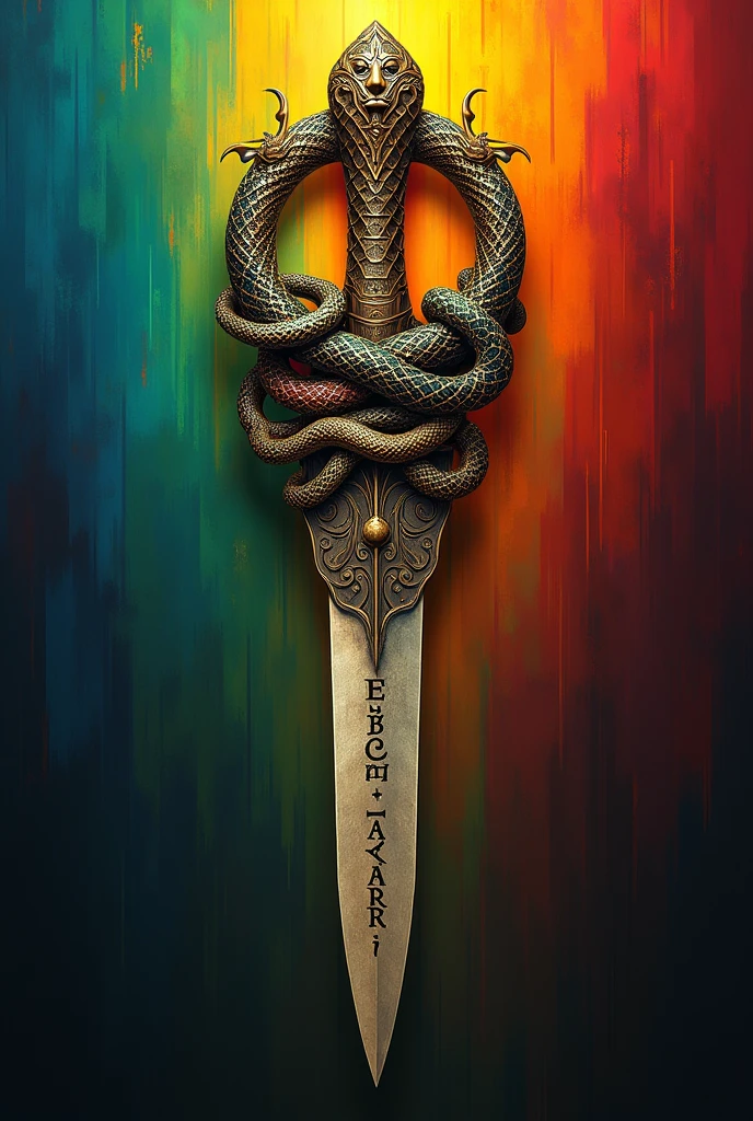 A dagger with the handle in a circle of Oxumarê full of happy snakes and an African rainbow (Written behind EGBÉ TAKARÀ)