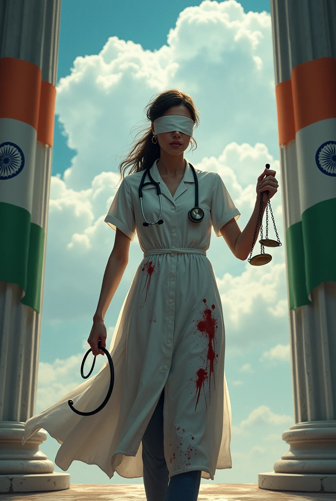 Female doctor wearing doctor's apron, holding justice symbol ⚖️ on one hand and stethoscope, afraid and crying(blind fold),showing her back side infront of heaven door(typical cloudy and shiny heaven door), include indian tricolour flag. make it natural looking and tear her clothes like she got into road accident bleeding all over, Include indian tricolour flag behind her on the door on the both side of walls