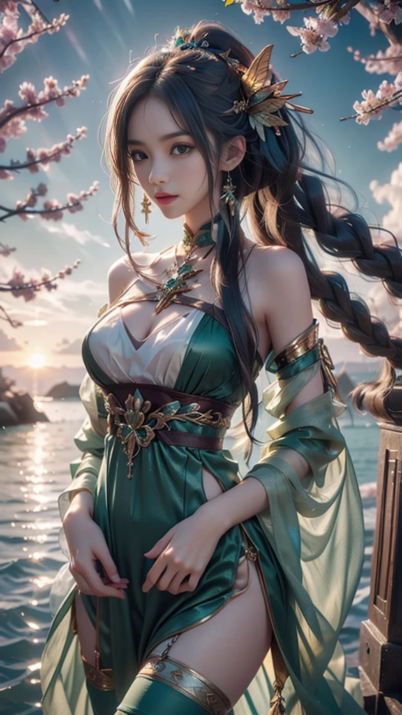 8k, Ultra HD, masterpiece, High-quality color, 1 person, Perfect Face, Very long curly hair, Detailed eyes, Simple clothing, ((Green clothes)), stockings, ((Cross Race)), sardine, strap, Net clothing, ((very long loop)), jewelry, Waterfront, Realistic landscape, Spectacular views, sunrise, evening, cloud, butterfly, Cherry Blossom, Blowing Wind, Perfect posture,