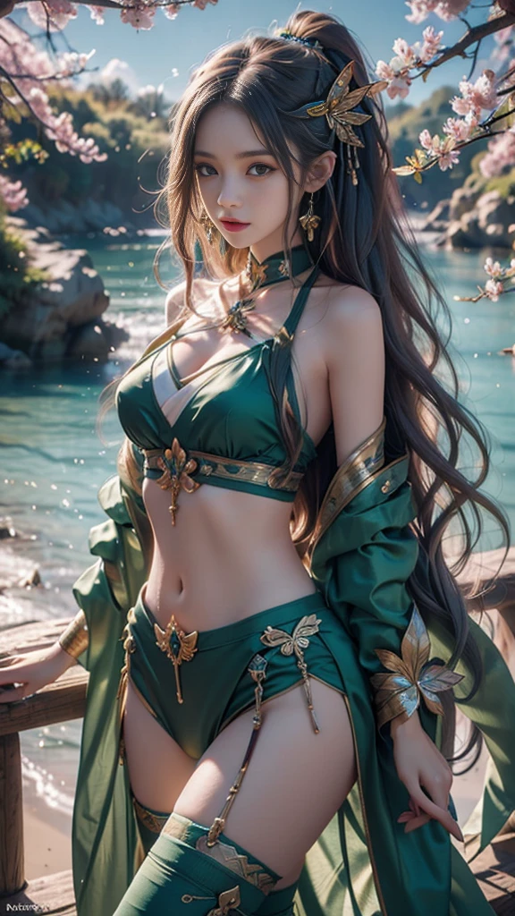 8K, ultra hd, masterpiece, hd colors, 1 girl, perfect face, very long curly hair, detailed eyes, simple clothing, ((green clothing)), stocking, ((criss-cross lace)), sardine, straps, net clothing, ((long loops)), jwellery, waterside, Realistic scenery, epic scenery, sun rising, evening, clouds, Butterfly, cherry blossom, blowing wind, perfect pose,