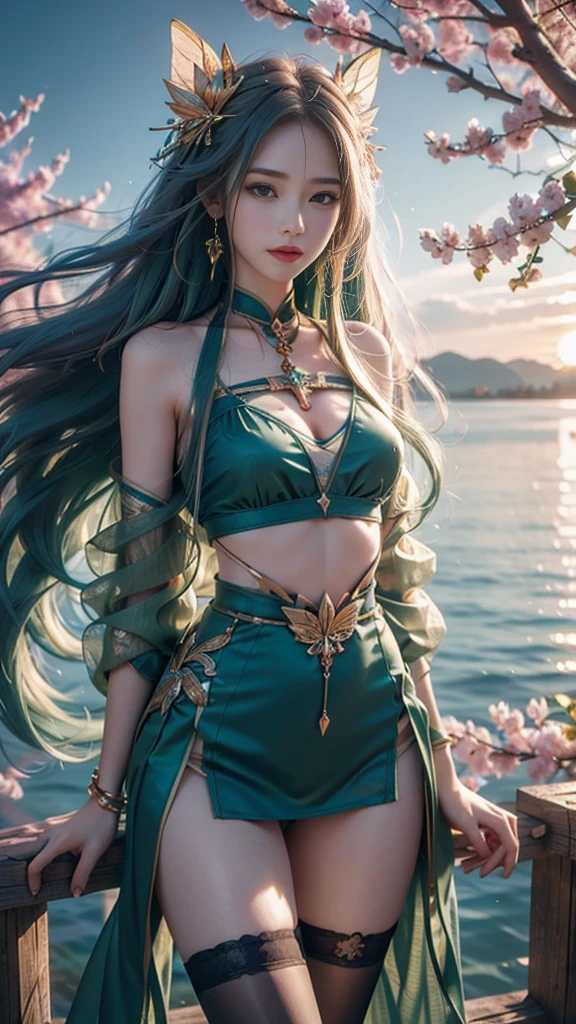 8k, Ultra HD, masterpiece, High-quality color, 1 person, Perfect Face, Very long curly hair, Detailed eyes, Simple clothing, ((Green clothes)), stockings, ((Cross Race)), sardine, strap, Net clothing, ((very long loop)), jewelry, Waterfront, Realistic landscape, Spectacular views, sunrise, evening, cloud, butterfly, Cherry Blossom, Blowing Wind, Perfect posture,
