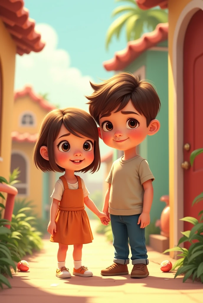 Short girl with long, straight light brown hair, lightbrown eyes, next to a tall boy with brown hair and brown eyes, Pixar-style