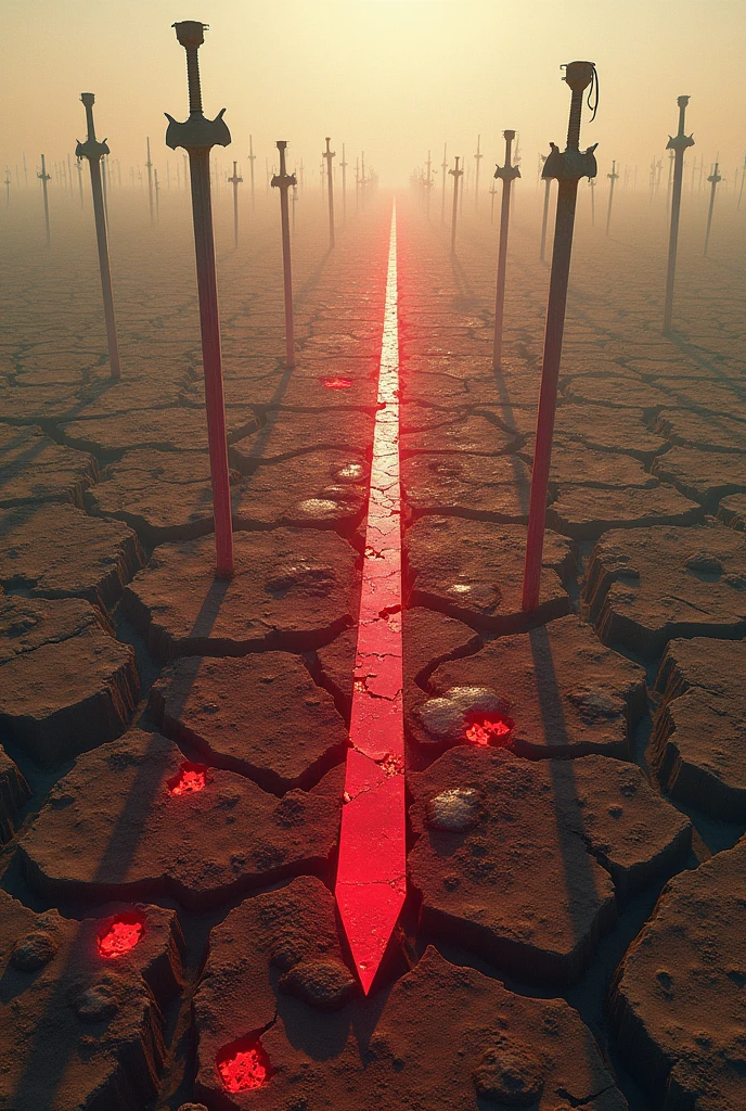 A vast, scorched plain. Many bodies, countless swords impaled into the ground. Five red fragments of a broken blade lie scattered in the middle.