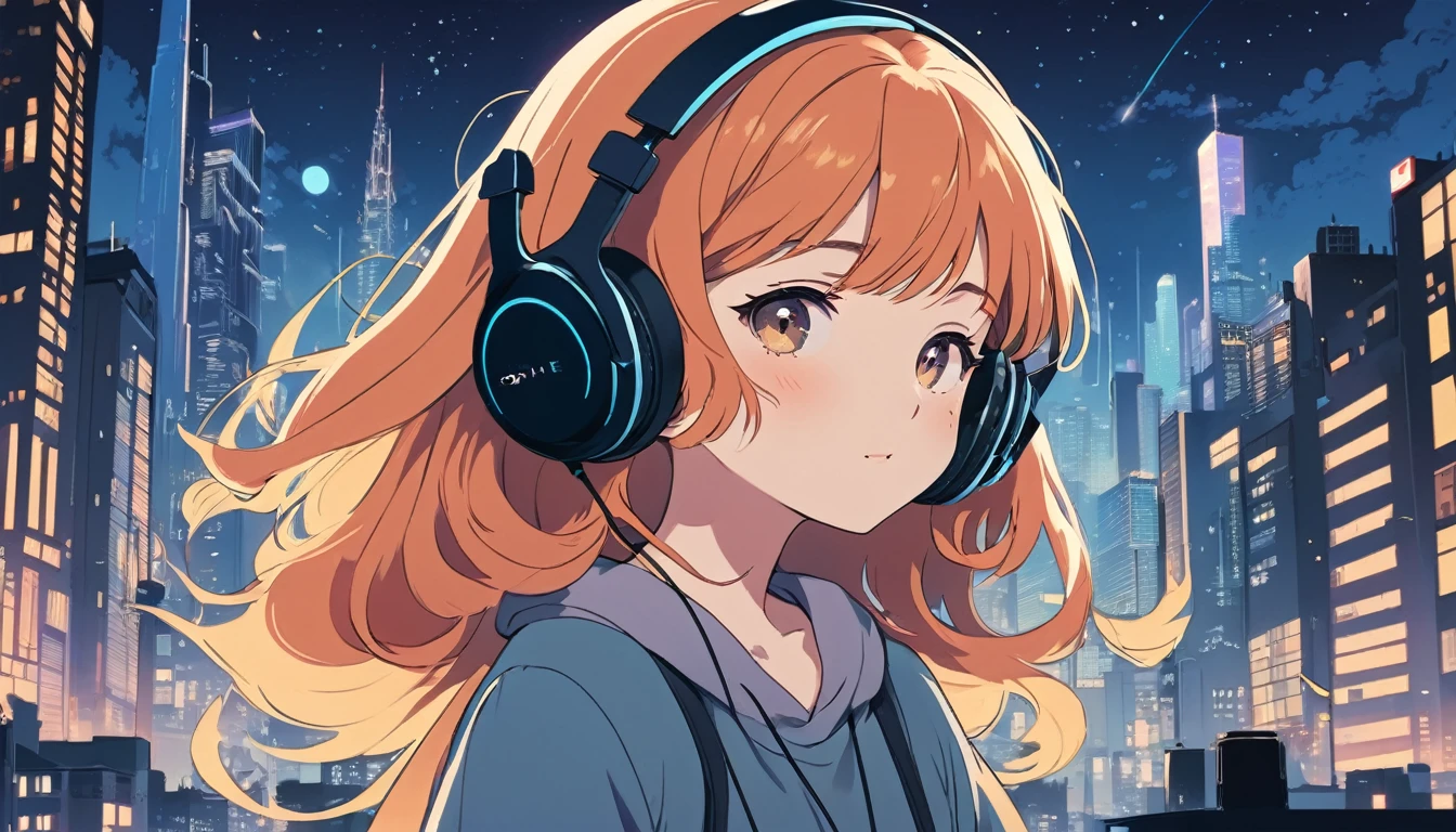 Woman wearing headphones, City of night、Wide-angle lens, Lofi Anime, Lofi illustration, Aesthetic atmosphere, Lo-Fi Style, Vector art, Flat Design, Simple shape, Warm tones, Pleasant atmosphere, Chill, In anime style, Digital drawing, Vector art, Vector logo for t-shirt printing, (Adorable:1.5), (small:1.4), (Playful:1.2), (soft:1.3), (Whimsical:1.1), masterpiece, Highest quality, 8k, Intricate details, grow, Celestial, Mysterious, Picturesque, amazing, Majestic, Magic, Fantasy art, Cover art, dream-like