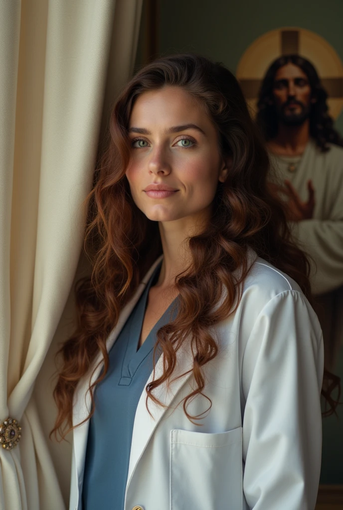 Woman, doctor, long curly brown hair, curtain, with Jesus by my side
