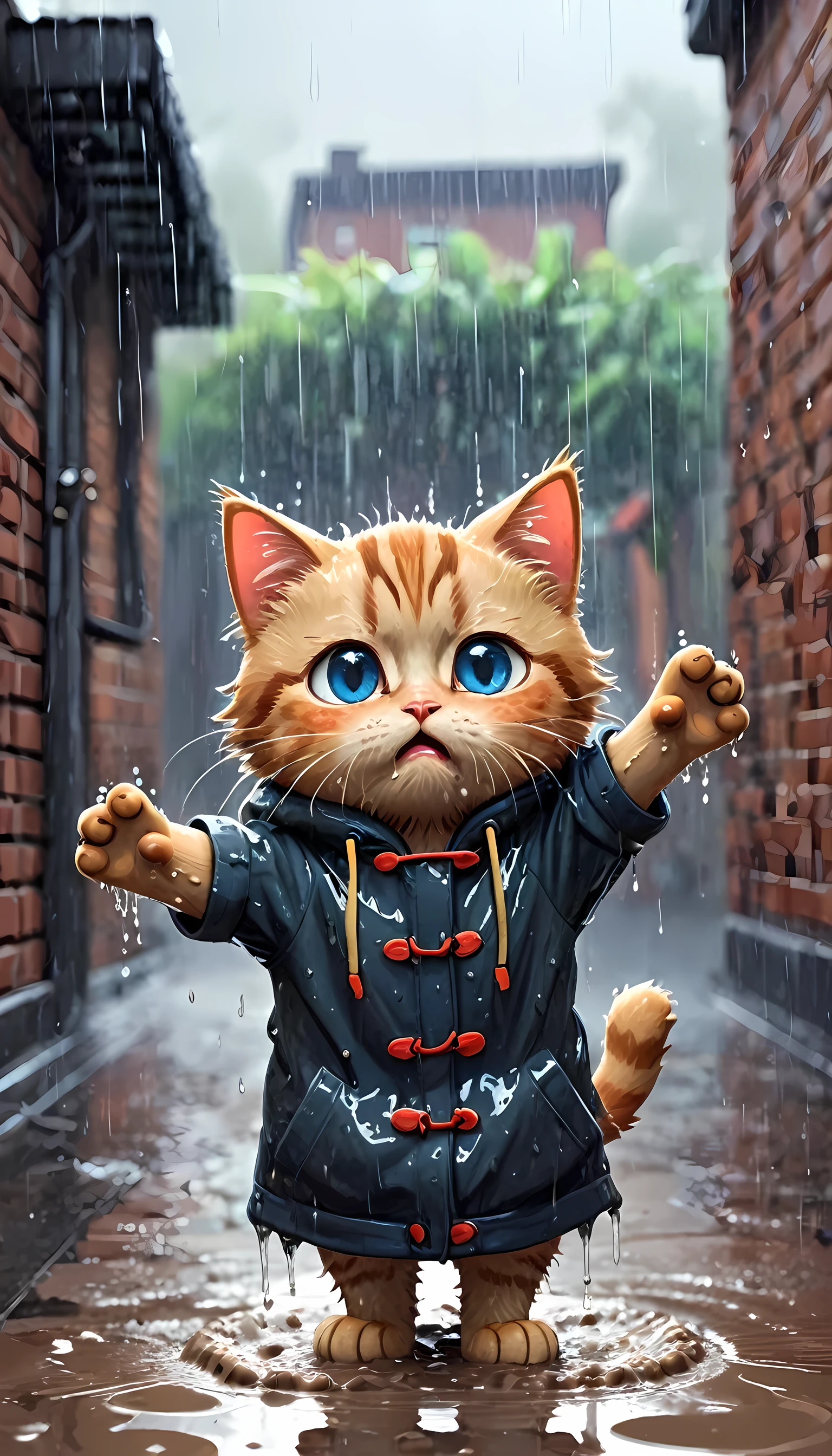 cute cat, cartoon , arms, hands ,cute eyes, looking at viewer, arms up, close, background, clothes, raining, wet cat, crying, sadness, brick, mud