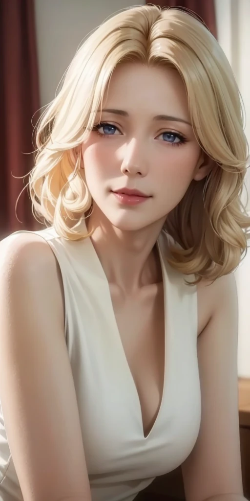 Elegant mature female, long neck, blonde hair, short wavy hair, sleeveless clothes, cleavage, soft light, high quality, 4k resolution