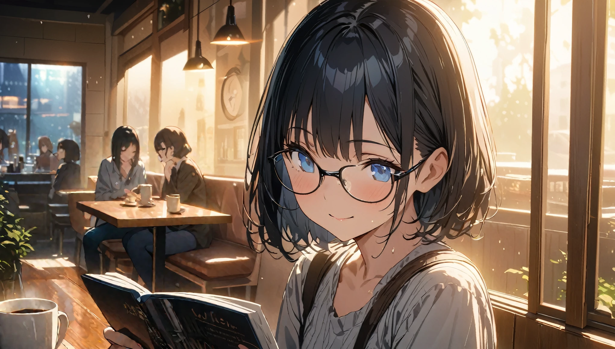 ((ultra-detailed))/(one women with short black hair and bob hair.、beautiful blue eyes,.、smile、gentle smile on her face、flat chest, one Beautiful girl,((masterpiece, illustration, best quality) ((ultra-detailed))/),「In a quiet cafe at night、Outside the window the rain is falling。The character sitting in the corner of the cafe is、Enjoying coffee while reading a book。Characters with glasses,濃い青とBeautiful Blueのグラデーション, High resolution, 8K HD detail, hyper-detail, cinematic, surrealism, soft light, deep field focus bokeh, ray tracing and surrealism. --v6