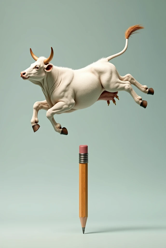 Generate the cow according to the design created above, A white cow with its brown spots in a more , flying position on top of a writing pencil where the eraser is 