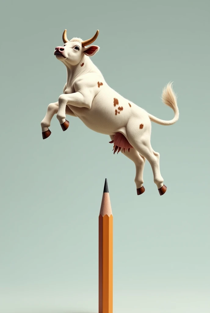 Generate the cow according to the design created above, A white cow with its brown spots in a more , flying position on top of a writing pencil where the eraser is