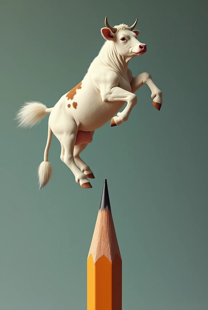 Generate the cow according to the design created above, A white cow with its brown spots in a more , flying position on top of a writing pencil where the eraser is