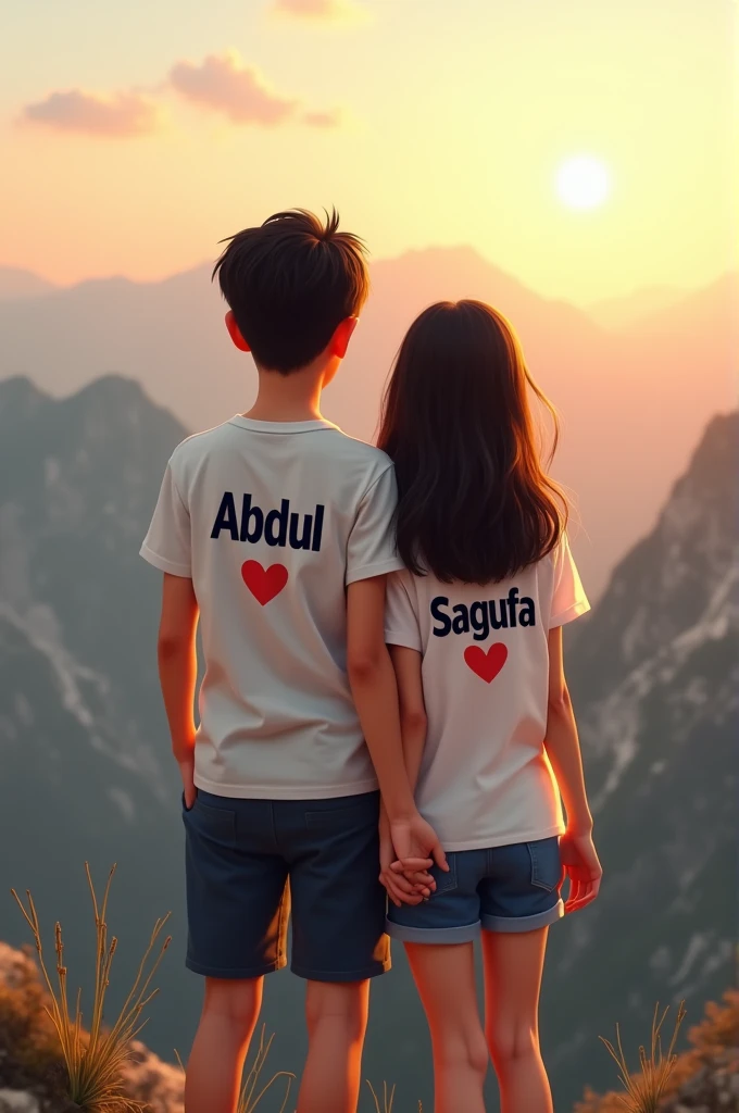 A young couple, enjoying a peaceful moment on a mountain peak, both wearing white T-shirts. The boy's T-shirt has the name 'Abdul' written in deep black letters, positioned above a heart ❤️. Similarly, the girl's T-shirt features the name 'Sagufa
' in dark black letters, also above a heart ❤️."