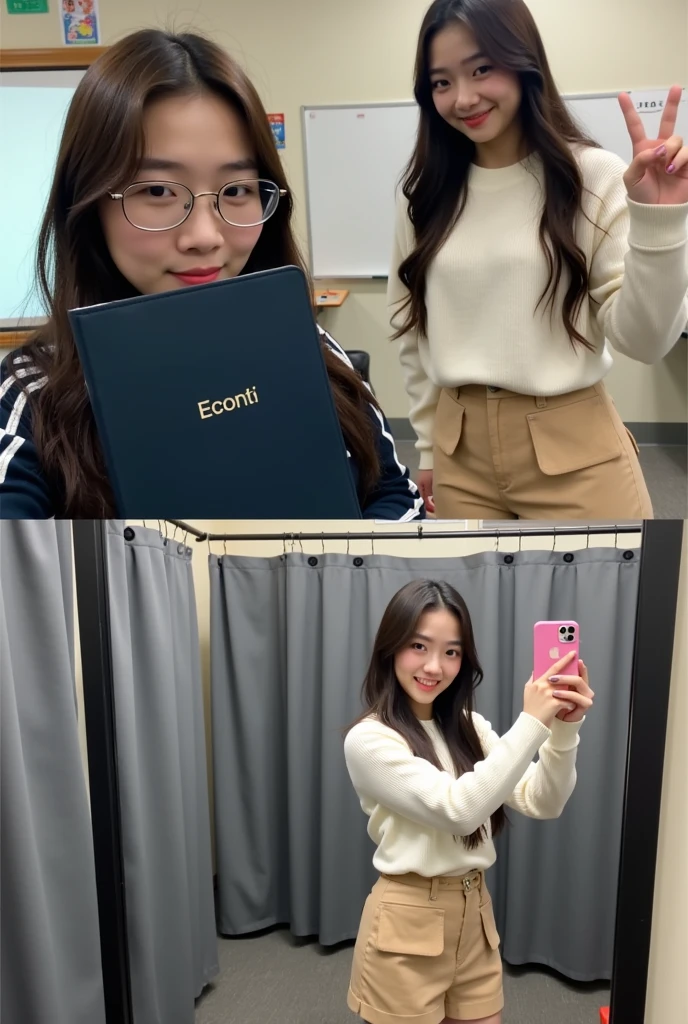 ### First Image: - **Scenario**: The photo appears to be taken in a classroom. In the background, you can see some walls decorated with posters and what appears to be a whiteboard. - **Person**: The image shows a young woman who is partially hidden behind a dark blue notebook. The notebook has the "Econti" branding visible on the cover. The girl has long, straight dark hair, wears light-framed glasses, and is wearing a dark jacket or sweater with white lines on the sleeves. Only part of his face is seen because the notebook covers most of it. - **Activity**: The girl is looking at the camera through the notebook, which she holds with both hands in front of her face. Next to him, another person (possibly another student) can be seen who is partially out of frame and appears to be leaning to the right. ### Second Image: - **Scenario**: The image is a selfie taken in what appears to be a clothing fitting room. Gray curtains are seen in the background and a mirror that reflects the girl's backside. - **Person**: It is the same girl that appears in the first image. In this photo, it is fully shown. She is wearing a short light brown skirt, a long-sleeved white sweater, and is also wearing light-framed glasses. He has loose, dark hair. She is posing in front of the mirror, holding her mobile phone in one hand, which has a pink case. With your other hand, you make a peace gesture (a "V") near your face. His facial expression is relaxed, with his eyes closed and a slight smile. Both photos appear to have been taken at different times and in different places. The first captures a casual moment in class, while the second is a more personal and posed photo, probably while the girl was trying on clothes.