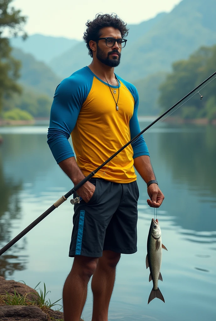 Tall man , brazileiro, big curly hair, with a goatee, long-sleeved blouse in blue and yellow, black Bermuda shorts with blue details on the sides, holding a fishing rod in one hand and a lake in the background, holding a fish in the right hand and the rod in the left hand, He wears black eyeglasses