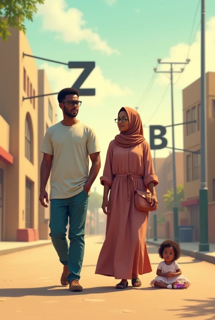 A light-skinned young man walks with his wife, who is wearing corrective glasses, in a Mauritanian city. Behind them are two large letters, the first with the letter "Z" and the second with the letter "B". . 
And their  daughter plays on the ground with a doll. The wife is Muslim