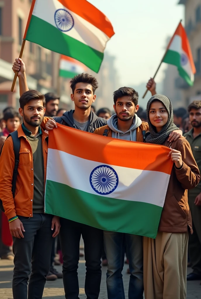 Hindu muslim Christian youths holding Indian flag together 