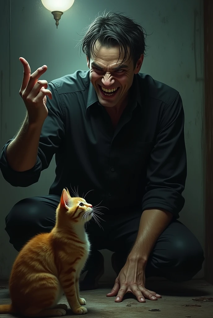 A creepy smart man wearing a black shirt is showing a ginger cat the finger and laughing loudly.