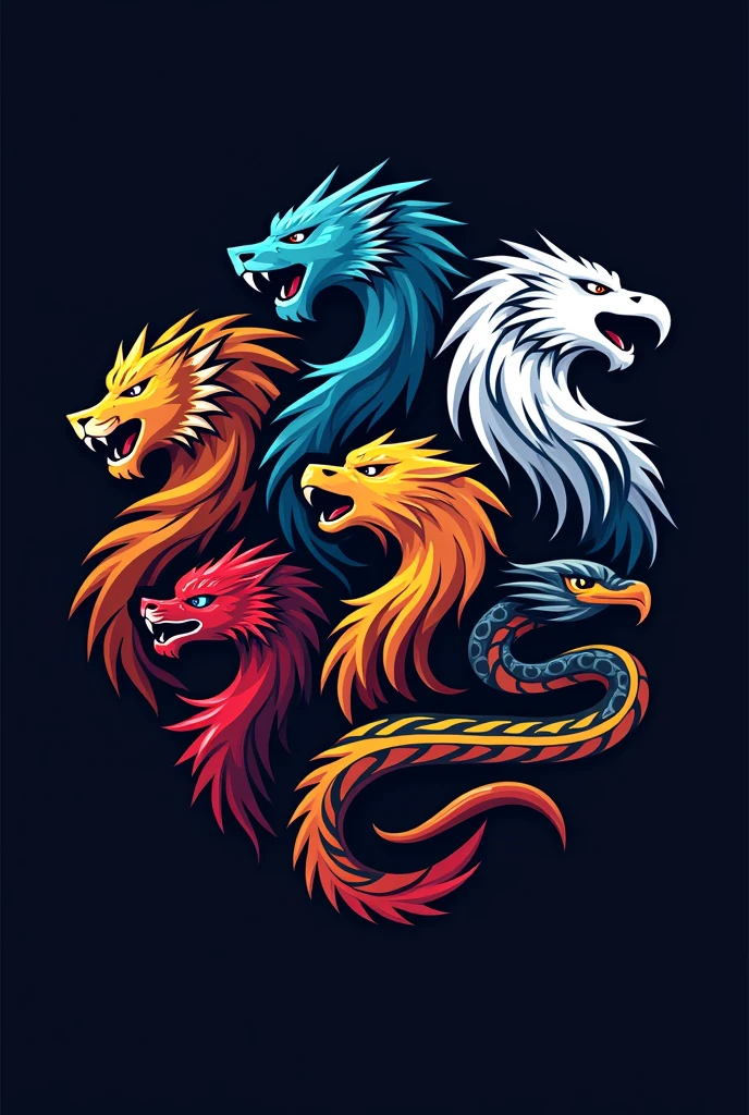 Create a logo with a dragon, one tiger, A lion, a phoenix, an eagle and a snake in the e-sports style