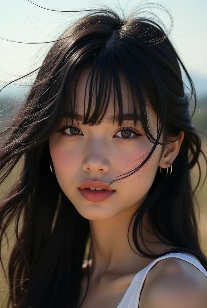 Thai girl with black hair and a kpop group fringe Hair in the wind, 19 years old