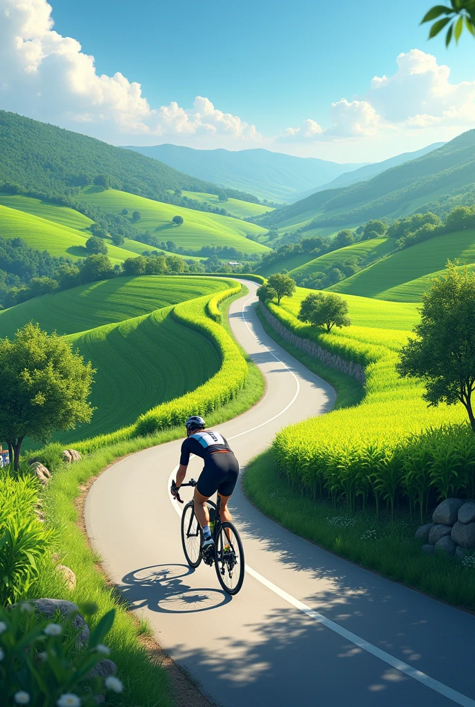 A winding uphill climb with many green crops surrounding it and a cyclist on a racing bike.