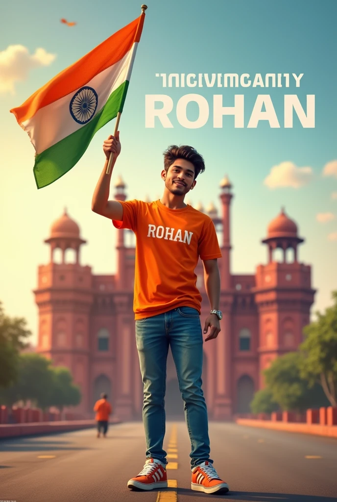 A real 18 years old boy CUTE and handsome boy looking like kanha , Wearing Orange T shirt blue jeans sneakers and the name “ROHAN” is written on his t-shirt and the boy is standing on the road with holding a national flag of India, and behind him is the Red Fort Delhi. And written on sky “Independence Day” Create Realistic image high quality