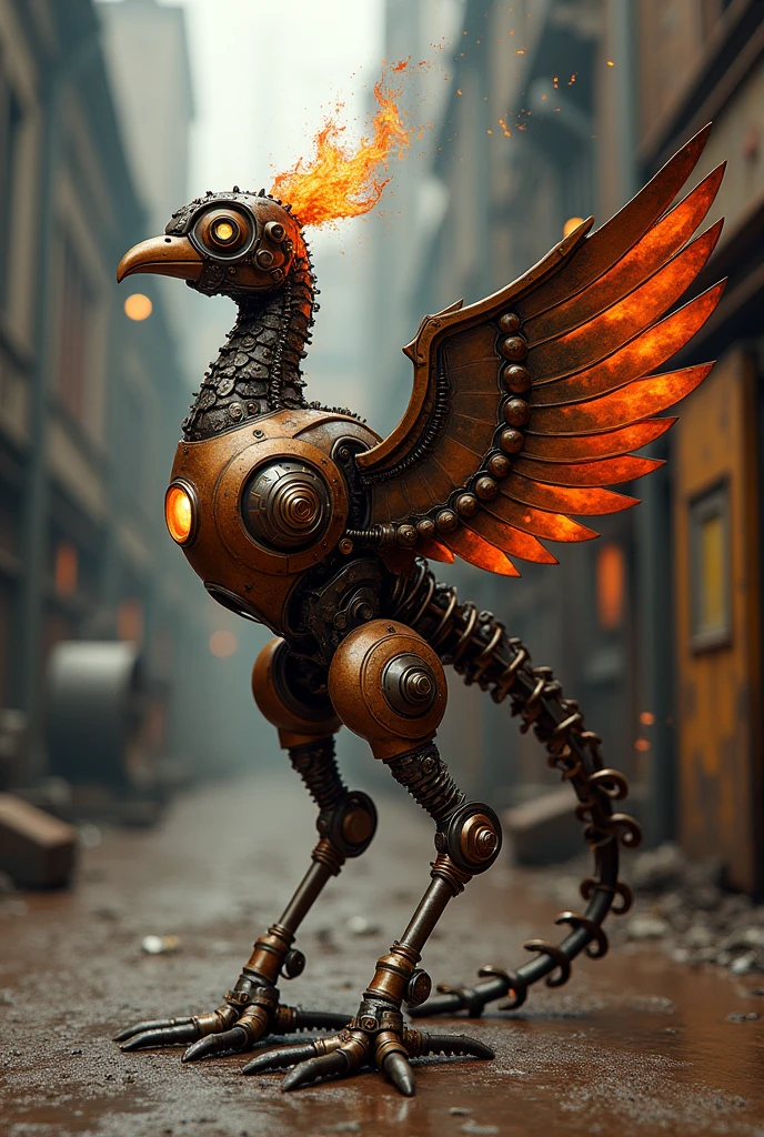  Corpo e Estrutura: Imagine the phoenix with a body covered in a mixture of metal pieces, exposed gears and pipes, resembling an ancient robot. Its body can have an aged bronze or copper finish, with brass details.
wings: The phoenix's wings can be made up of articulated metal plates, similar to a set of mechanical wings. Add some blades or glowing steam lamps to represent fire.
Head and Tail: The phoenix's head can have a design with metal mask elements and aviator goggles lenses. The tail can be a series of metal segments that curve and rotate like gears.
fire and flames: Instead of traditional flames, you can add elements like pipes that release steam or bright lights in shades of orange and red, mixed with electric sparks for a futuristic touch.
enviroment: Place the phoenix in an environment that complements the steampunk style, like an industrial setting with metal buildings and old machinery.

 