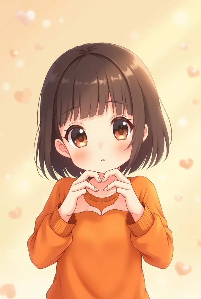 A cute anime girl in an orange outfit is raising her hand to make a heart shape with her fingers