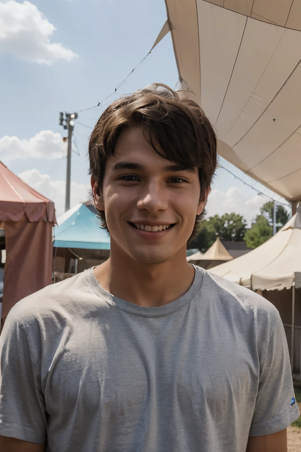 24 year old boy, innocent appearance, with a sweet smile, with an abandoned circus tent in the background, 8k