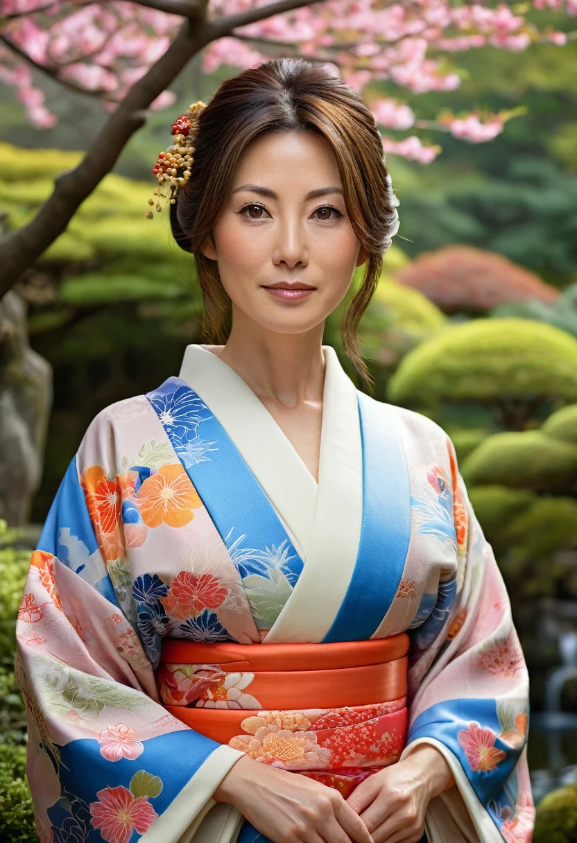 beautiful detailed japanese woman in her 40s, brown hair and eyes, 4'6" frame, 32a-24-32 figure, delicate facial features, serene expression, wearing traditional kimono, standing in lush japanese garden landscape, natural lighting, vibrant colors, intricate patterns, (best quality,4k,8k,highres,masterpiece:1.2),ultra-detailed,(realistic,photorealistic,photo-realistic:1.37),award-winning digital art