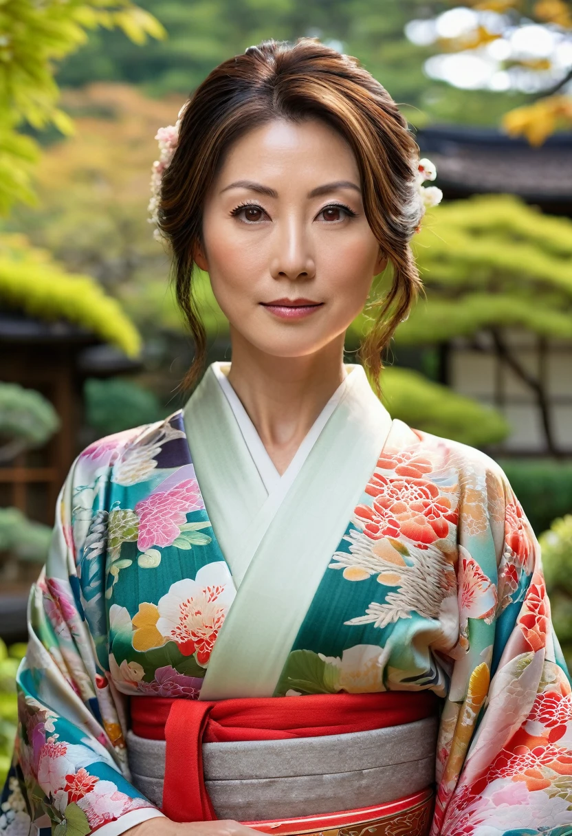 beautiful detailed japanese woman in her 40s, brown hair and eyes,  4'6" frame, 32a-24-32 figure, delicate facial features, serene expression, wearing traditional kimono, standing in lush japanese garden landscape, natural lighting, vibrant colors, intricate patterns, (best quality,4k,8k,highres,masterpiece:1.2),ultra-detailed,(realistic,photorealistic,photo-realistic:1.37),award-winning digital art