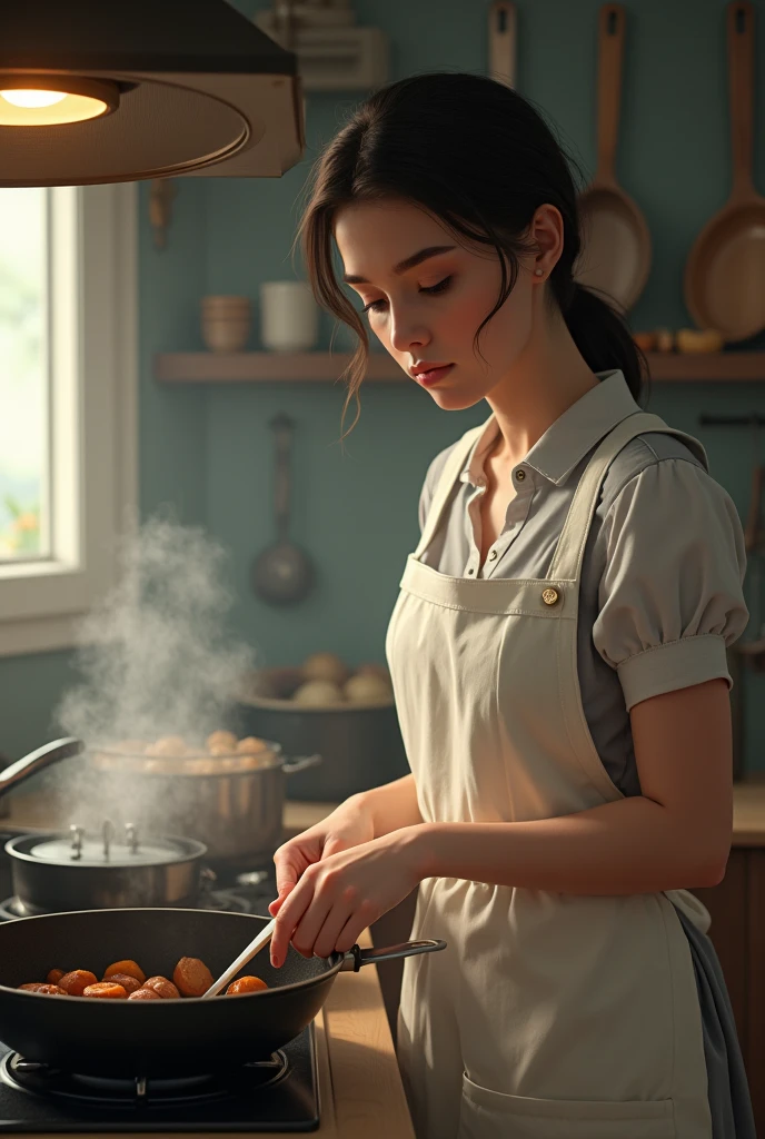 A graduated 20 years old married woman cooking in kitchen like a maid