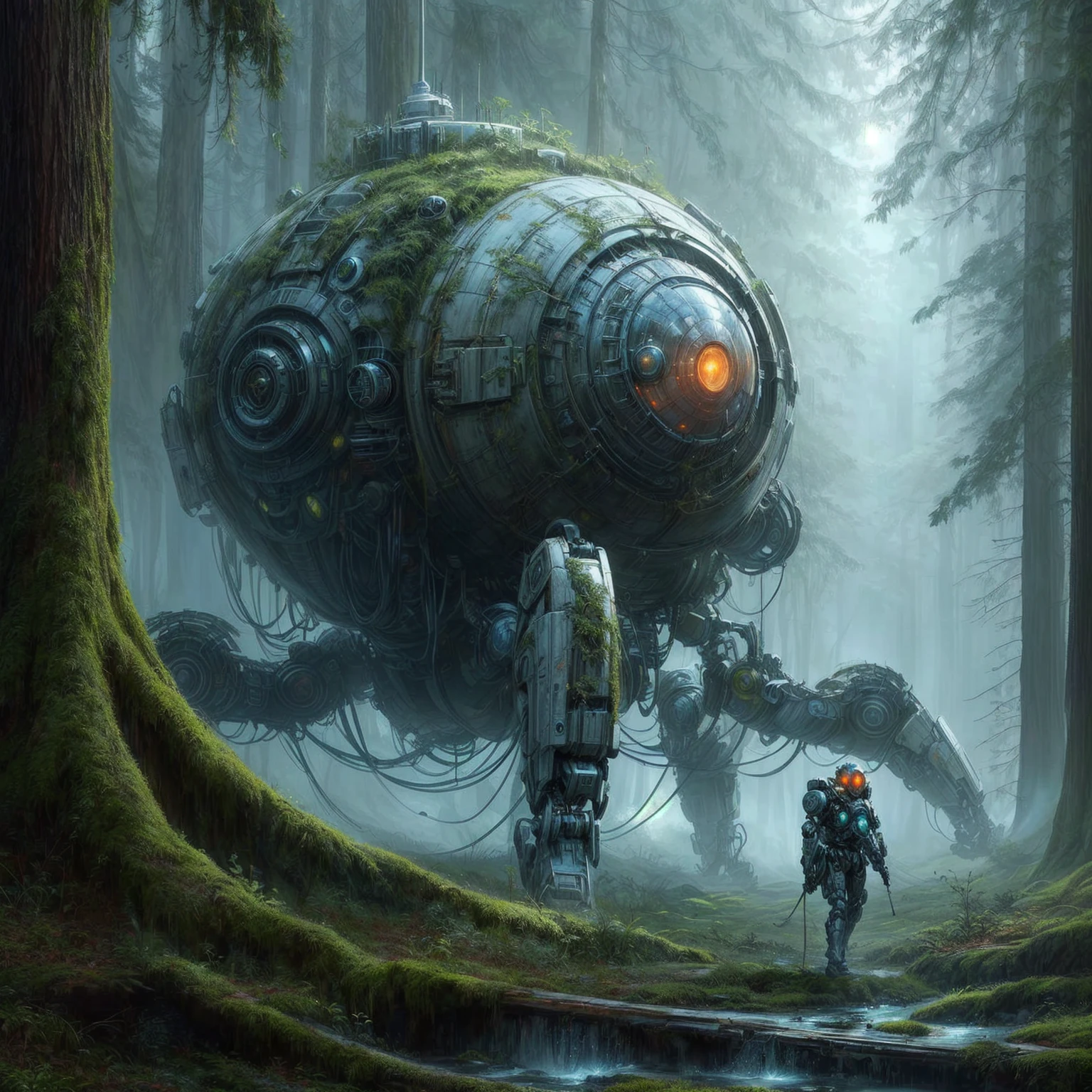 Arafed Robots in a forest with a man in a suit, mystical sci-fi concept art, Science-Fiction-Fantasy-Kunst, Science-Fiction-Kunstwork, epische Fantasy-Sci-Fi-Illustration, Science-Fiction-Illustrationen, Science-Fiction-Illustrationen, detailed sci-fi art, Sci-Fi Artwork, Science Fiction Artwork, Science-Fiction-Kunst, beautiful Science-Fiction-Kunst