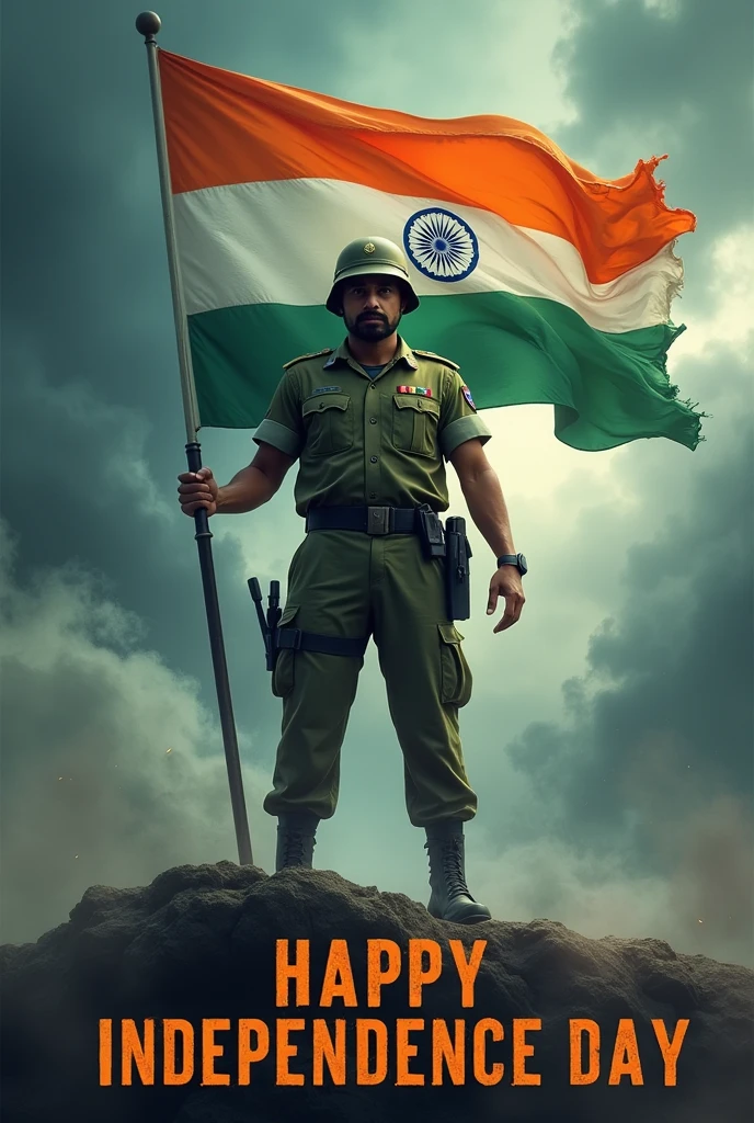 An Indian army soldier with Indian flag with a storm wheather with written happy independence day