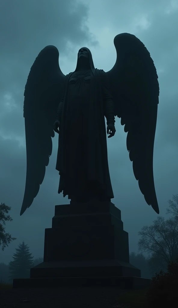 A haunting view of the Black Angel at dusk, with the statue silhouetted against a darkening sky. The scene is heavy with a sense of foreboding, as if the statue itself is alive and aware of its eternal, cursed duty.