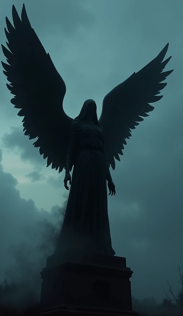 A haunting view of the Black Angel at dusk, with the statue silhouetted against a darkening sky. The scene is heavy with a sense of foreboding, as if the statue itself is alive and aware of its eternal, cursed duty.