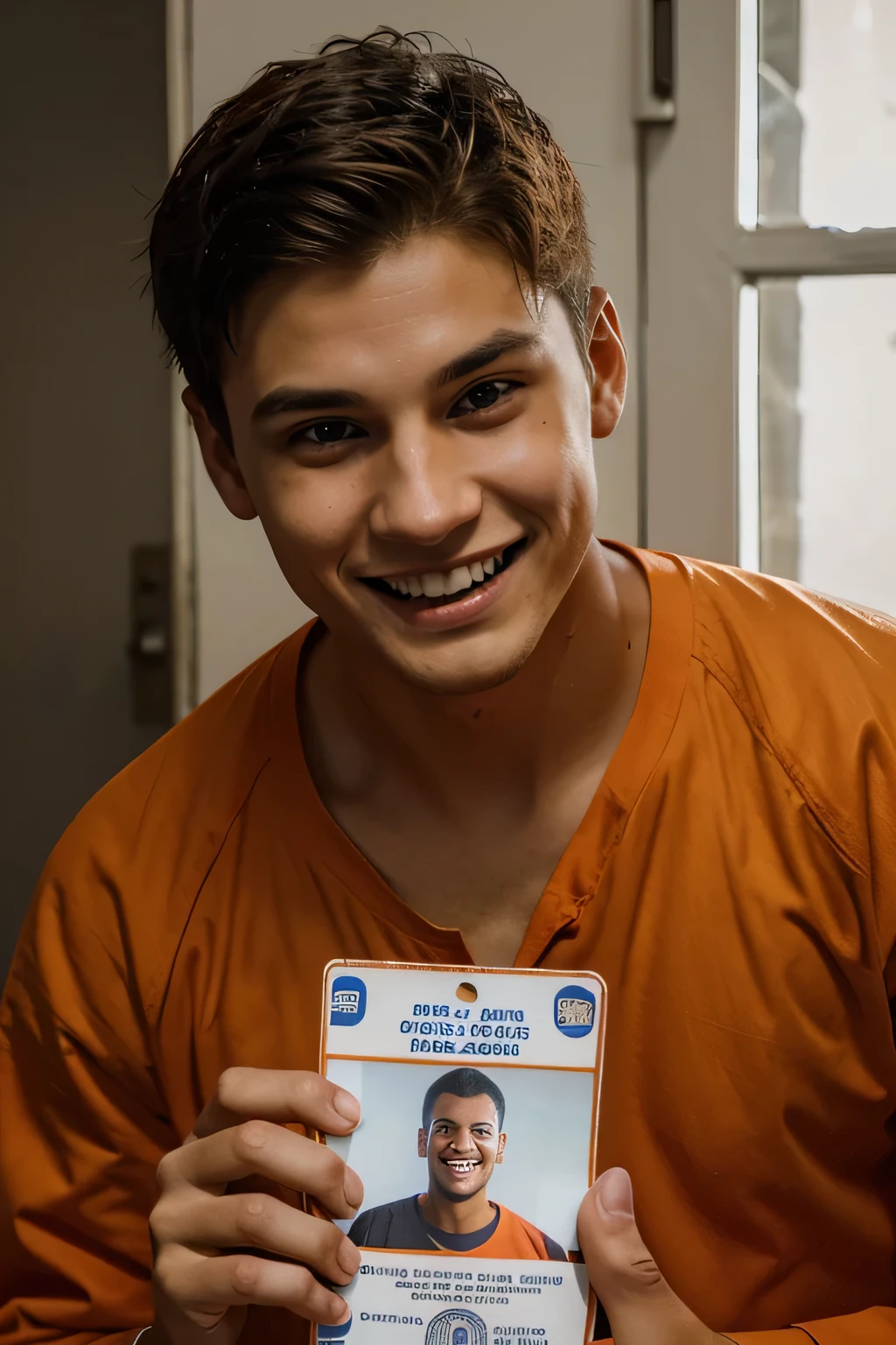 24 year old boy, innocent appearance, with a crazed smile on his face, cold stare, holding a police identification card, orange prison clothes