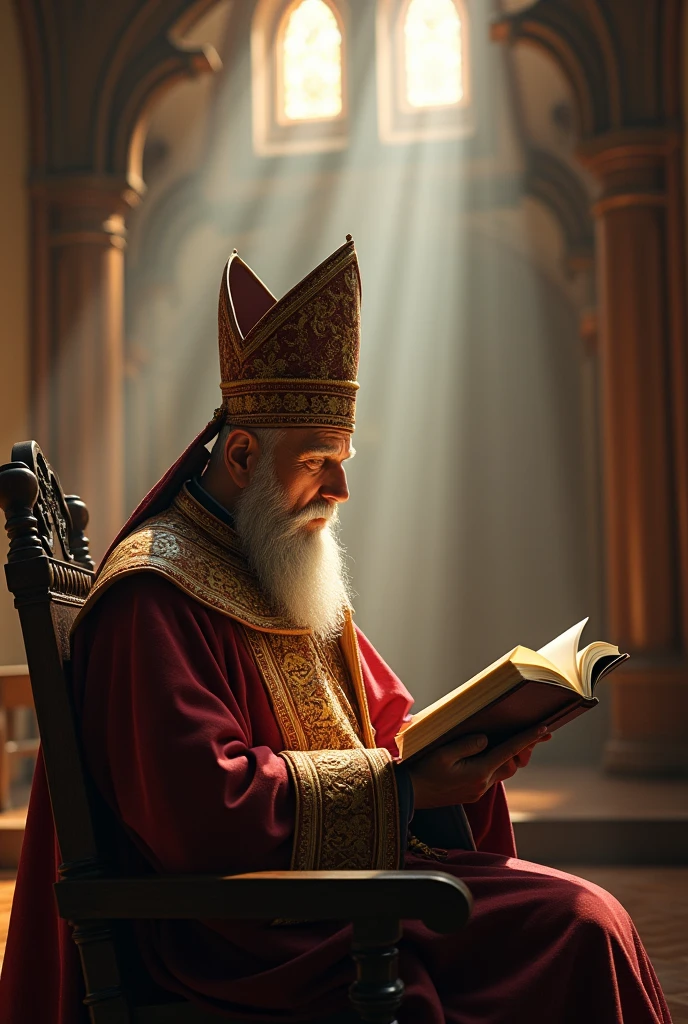 Good-natured middle-aged man。Religious robes and a tall religious hat。Reading the Bible。Background chapel。Beams of light from the ceiling。