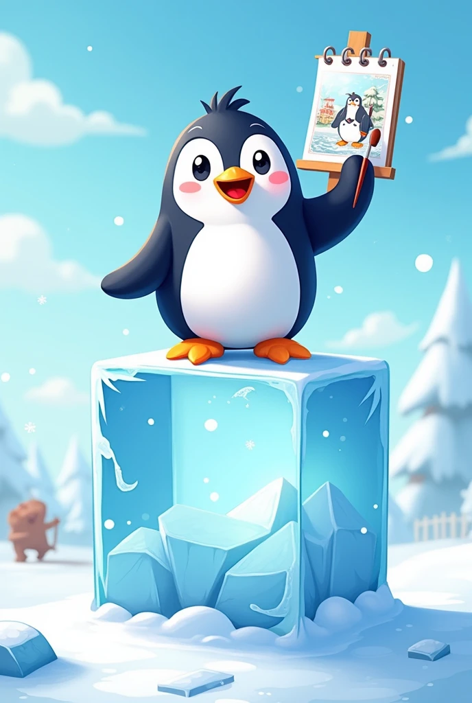 mascot in drawing a penguin on top of the ice cube 
