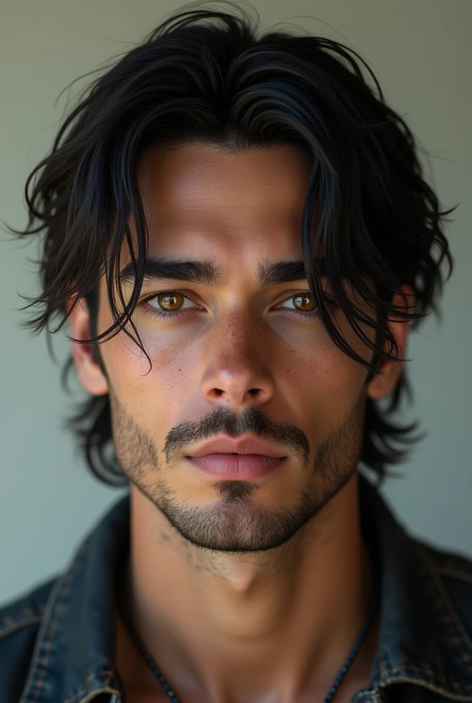 Male; black medium mullet hair; amber eyes; 27 years old