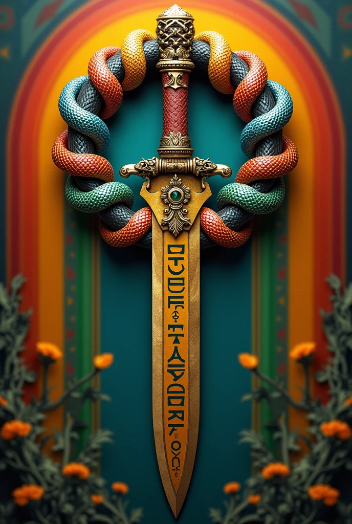 A dagger with the handle in a circle of Oxumarê full of happy snakes and an African rainbow (Written behind EGBÉ TAKARÀ)