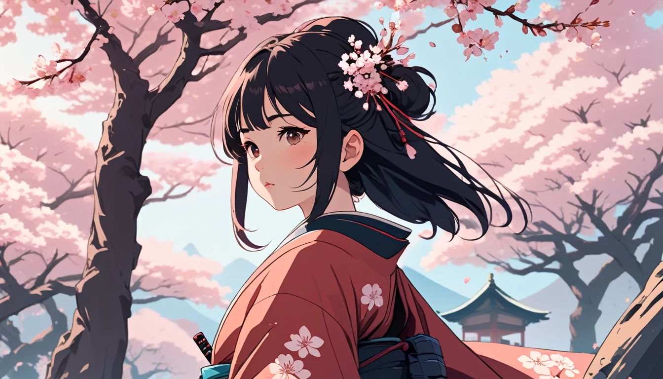 Female samurai、cherry blossoms、Wide-angle lens, Lofi Anime, Lofi illustration, Aesthetic atmosphere, Lo-Fi Style, Vector art, Flat Design, Simple shape, Warm tones, Pleasant atmosphere, Chill, In anime style, Digital drawing, Vector art, Vector logo for t-shirt printing, (Adorable:1.5), (small:1.4), (Playful:1.2), (soft:1.3), (Whimsical:1.1), masterpiece, Highest quality, 8k, Intricate details, grow, Celestial, Mysterious, Picturesque, amazing, Majestic, Magic, Fantasy art, Cover art, dream-like