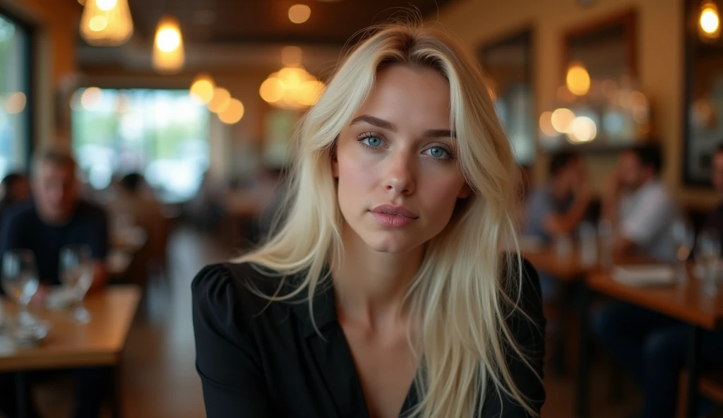Real professional photography of a beautiful young adult woman, aged 35, with herself as the main subject. She should have fair, almost pale skin with a slight blush on her cheeks, long, straight platinum blonde hair and bright, expressive blue eyes that convey joy and friendliness. Her lips should be pink and slightly defined. The woman should be looking directly at the camera, with a serious and thoughtful expression. She is wearing a black blouse, made of fine, elegant fabric, which contrasts with her hair and fair skin. The blurred background shows what appears to be the interior of a restaurant, with tables, a counter and people. The artificial lighting of the indoor environment with warm-toned decoration, out-of-focus lights and bokeh effects add a touch of magic to the scene, creating a soft effect and highlighting the texture of the woman's skin and the sparkle in her eyes. The photograph must capture extreme detail, with a high-quality rendering in 8k, with professional photographic quality and attention to detail that conveys the realism of a restaurant, introspective atmosphere, bokeh, soft and diffused lighting.