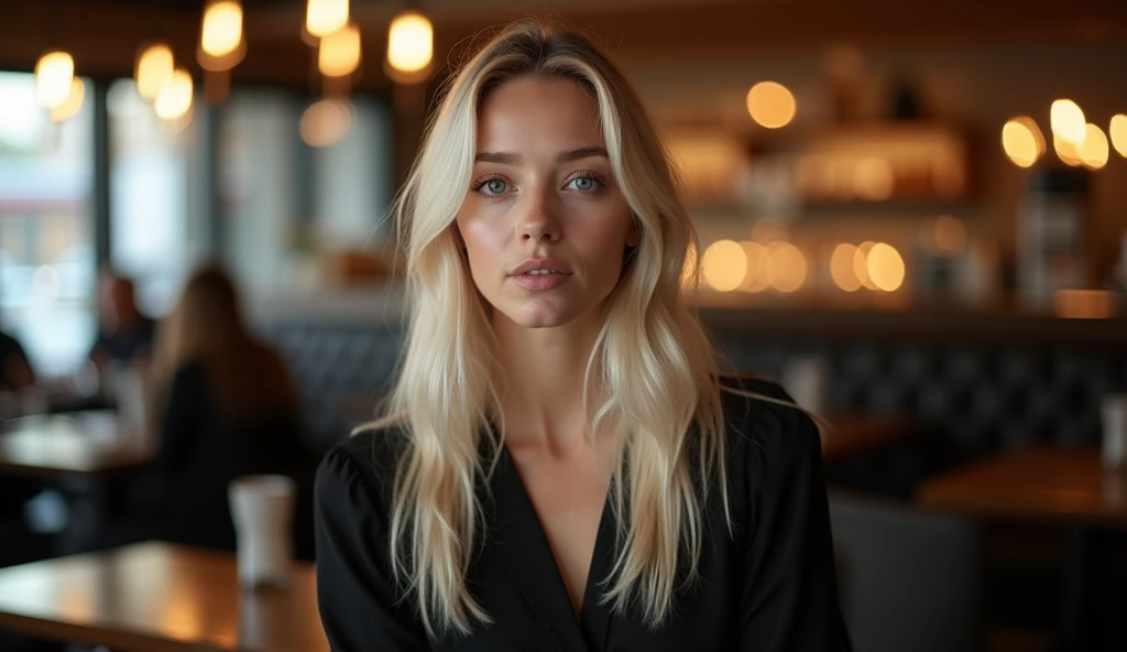 Real professional photography of a beautiful young adult woman, aged 35, with herself as the main subject. She should have fair, almost pale skin with a slight blush on her cheeks, long, straight platinum blonde hair and bright, expressive blue eyes that convey joy and friendliness. Her lips should be pink and slightly defined. The woman should be looking directly at the camera, with a serious and thoughtful expression. She is wearing a black blouse, made of fine, elegant fabric, which contrasts with her hair and fair skin. The blurred background shows what appears to be the interior of a restaurant, with tables, a counter and people. The artificial lighting of the indoor environment with warm-toned decoration, out-of-focus lights and bokeh effects add a touch of magic to the scene, creating a soft effect and highlighting the texture of the woman's skin and the sparkle in her eyes. The photograph must capture extreme detail, with a high-quality rendering in 8k, with professional photographic quality and attention to detail that conveys the realism of a restaurant, introspective atmosphere, bokeh, soft and diffused lighting.