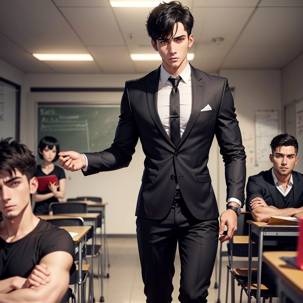 A hot male teacher with black short hair inside a classroom with a crazy look in his face and red eyes, he stands still in a perfectly well mannered fashion in the center of the picture