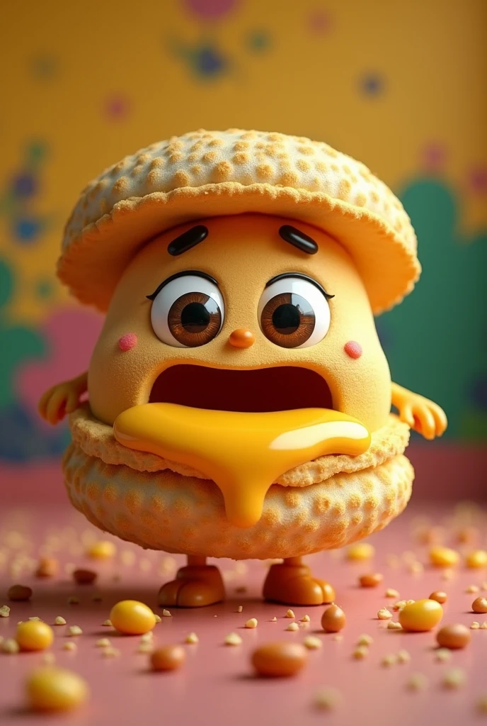 happy arepa with eyes and a sweet guava and cheese mouth