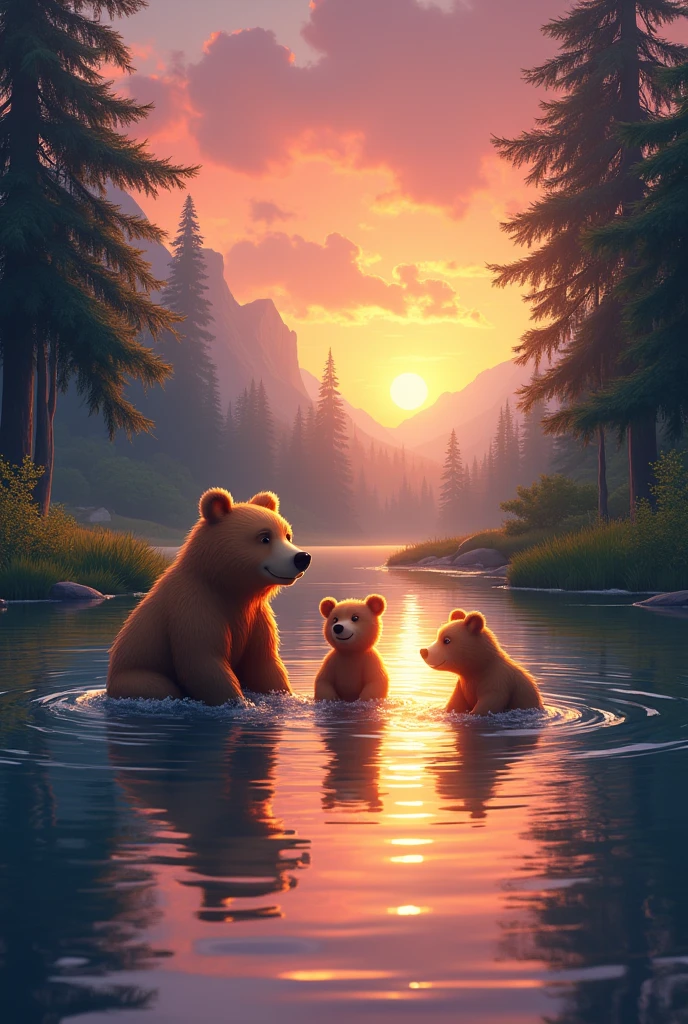 Create a vertical image of a bear family in the river at sunset