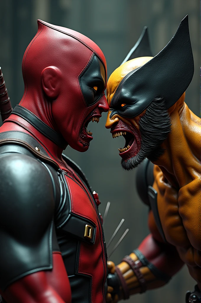 le visage du personnage de deadpool traversez par les griffe de wolverine. His claws are buried in Deadpool's cheek and emerge from his skull.
Hyperrealistic image.